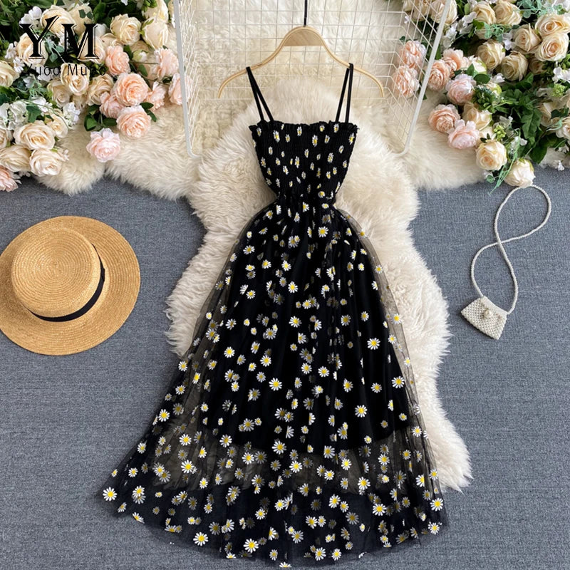 YuooMuoo Korean Fashion Daisy Flower Print Mesh Party Dress