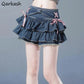 Mini Denim Skirts Women Hot Girls Sweet Kawaii Bow Vintage